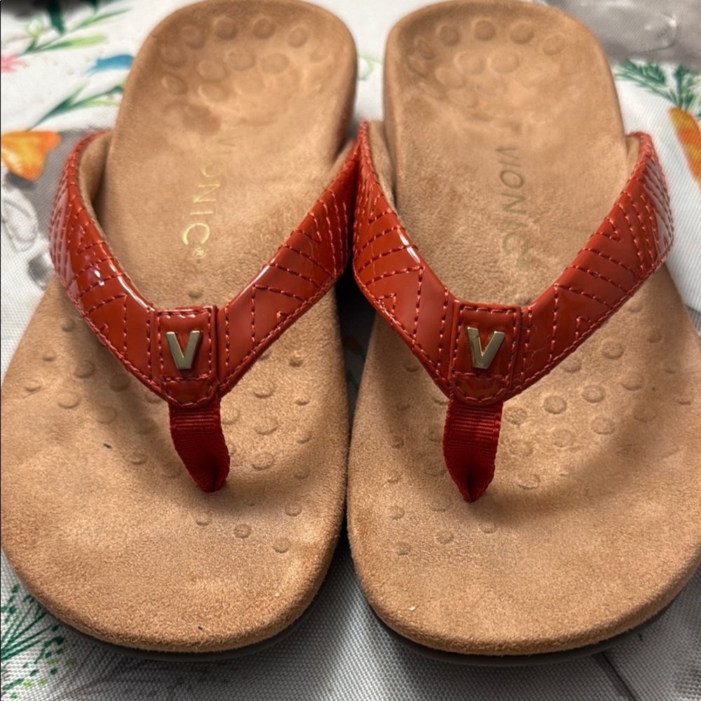 Vionic Red and Tan Sandals with Supportive Footbed